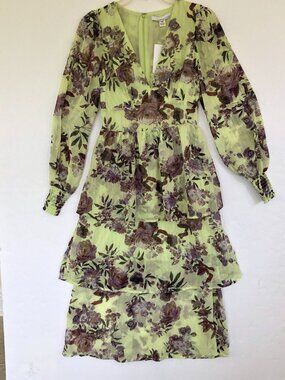 Fourteenth Place Ella Long Sleeve Chiffon Tiered Midi Dress XS NEW